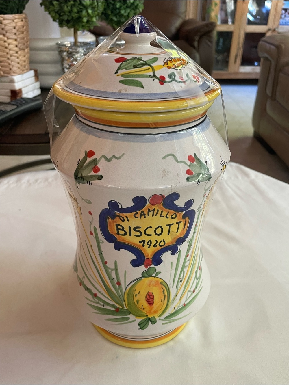 Hand-Painted Ceramic Biscotti Jar in White and Yellow - Picture 1 of 6